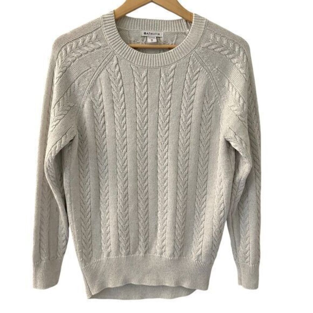 Athleta Crossroads Silver Crew Neck Cable Wool Knit Pullover Sweater Size XS